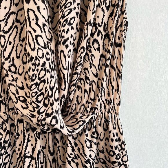 Parker Women’s XS Wrap Surplice Leopard Print Midi Dress Sleeveless 100% Silk - Picture 4 of 12